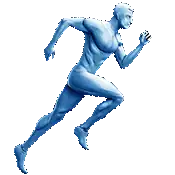 Blue humanoid figure running fast motion.