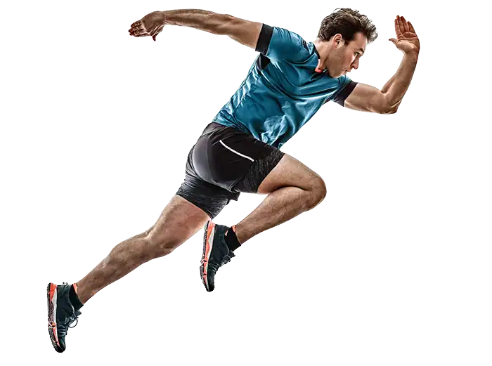Athletic man sprinting in blue sports attire