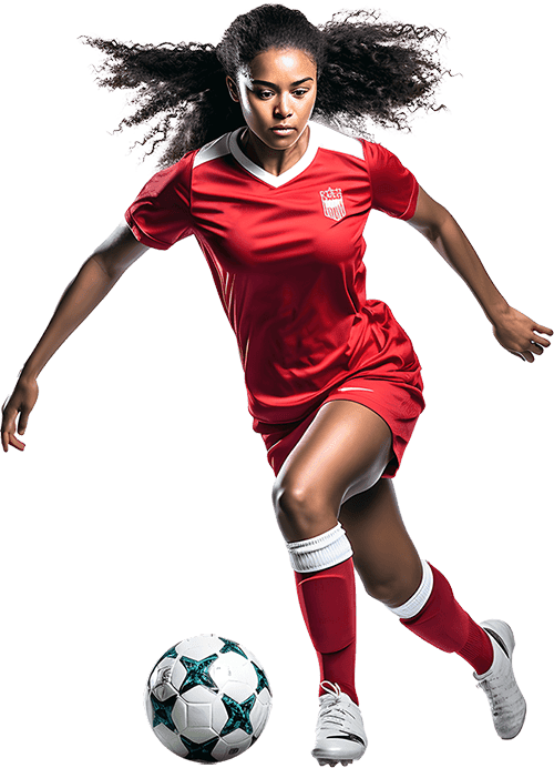 Female soccer player in red uniform dribbling ball.